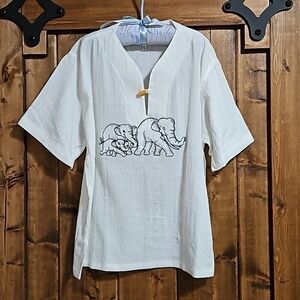Traditional Thai White Embroidered Elephants Child's Coverup Top Est Size Med